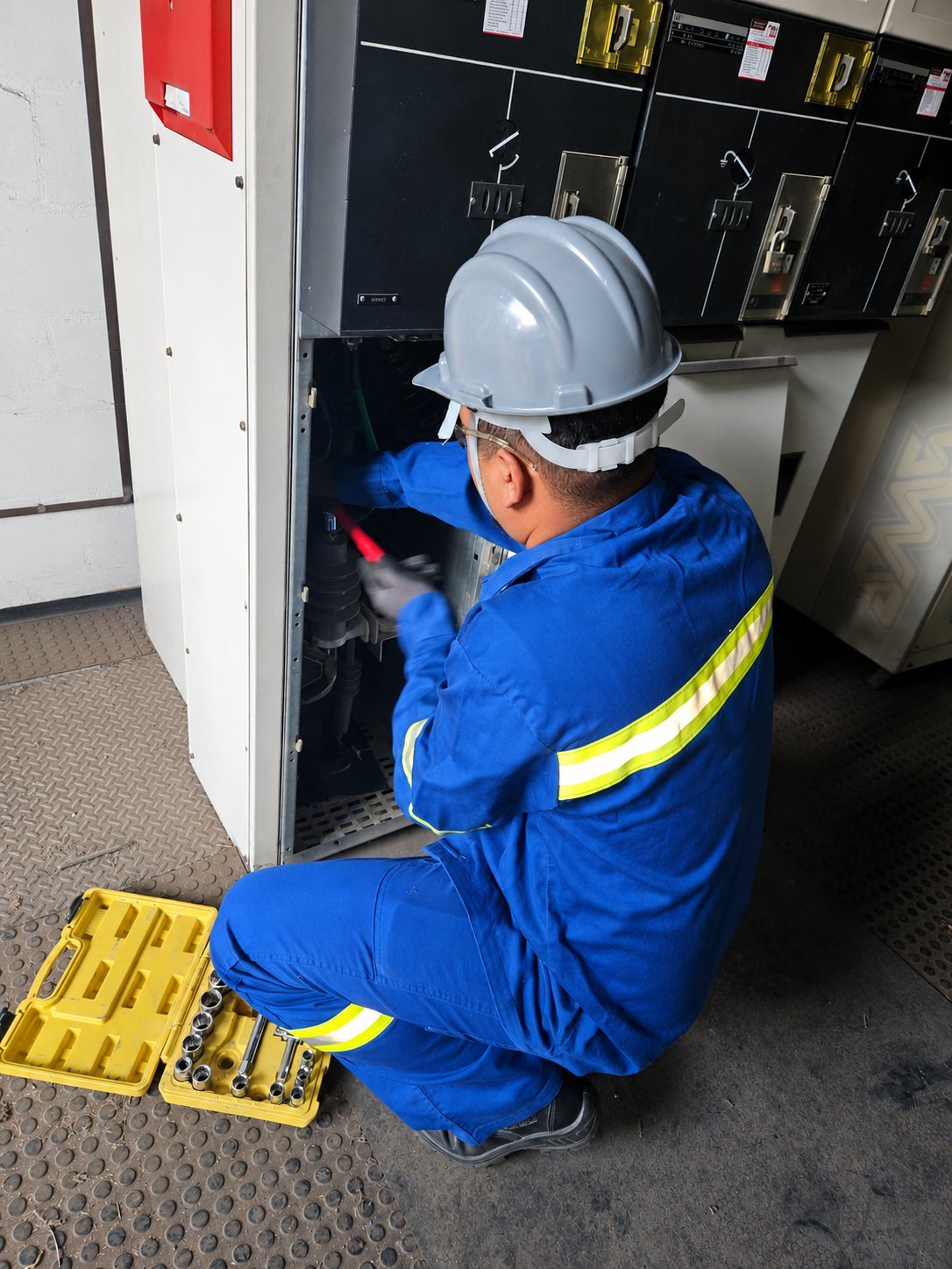 Técnico realizando manutenção em cabine elétrica de média tensão